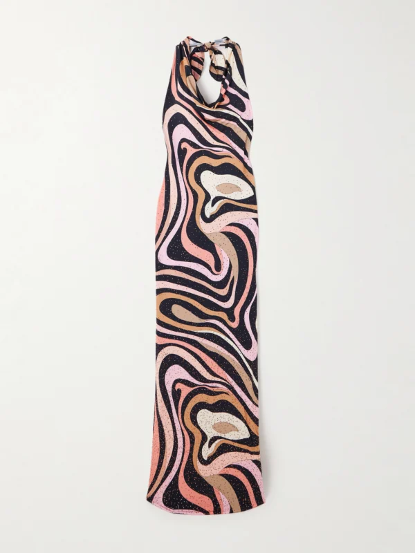 Pucci Marmo Crystal-embellished Printed Satin-jersey Halterneck Maxi Dress