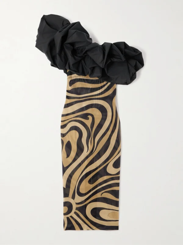 Pucci Marmo One-shoulder Ruffled Cotton Poplin-trimmed Printed Mesh Maxi Dress