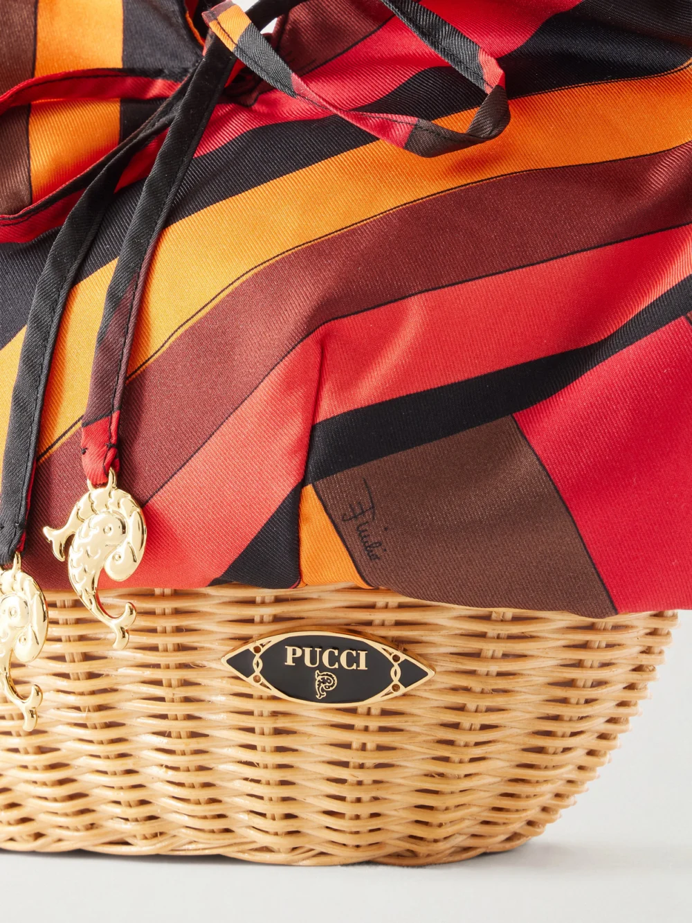 Close-up detail of the Pucci Picnic Embellished Bamboo-trimmed Silk-twill Clutch