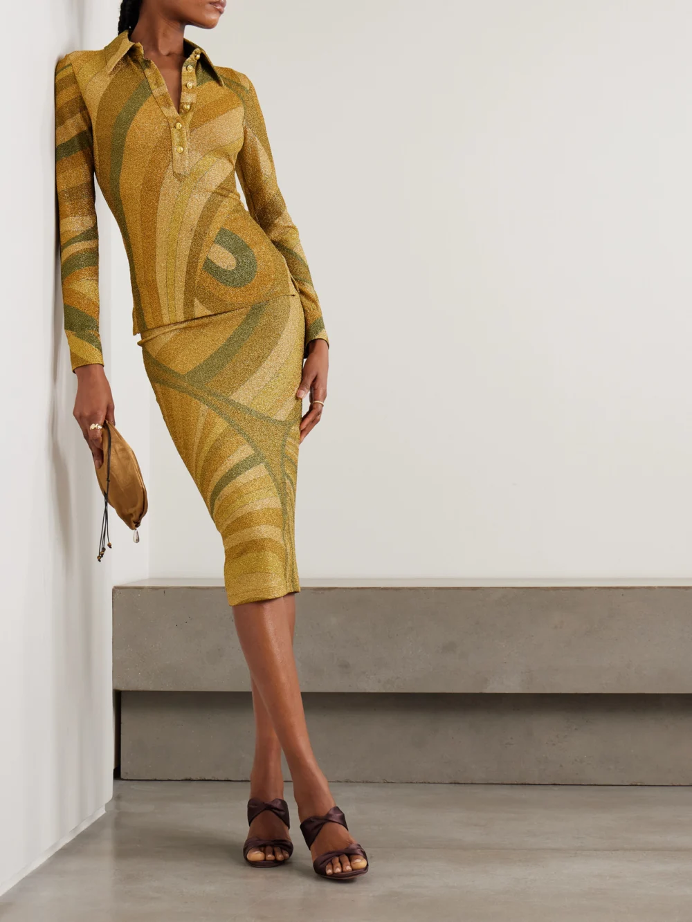 Pucci Printed Metallic Jersey Midi Skirt, worn by a model