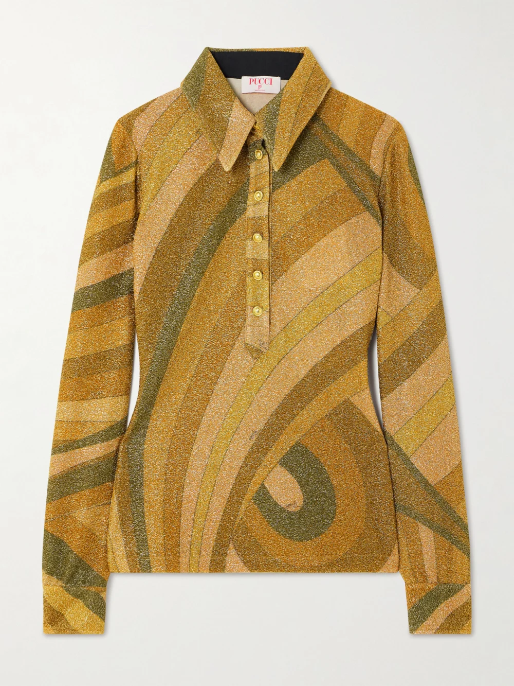 Pucci Printed Metallic Jersey Polo Shirt in gold