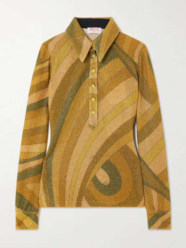 Pucci Printed Metallic Jersey Polo Shirt