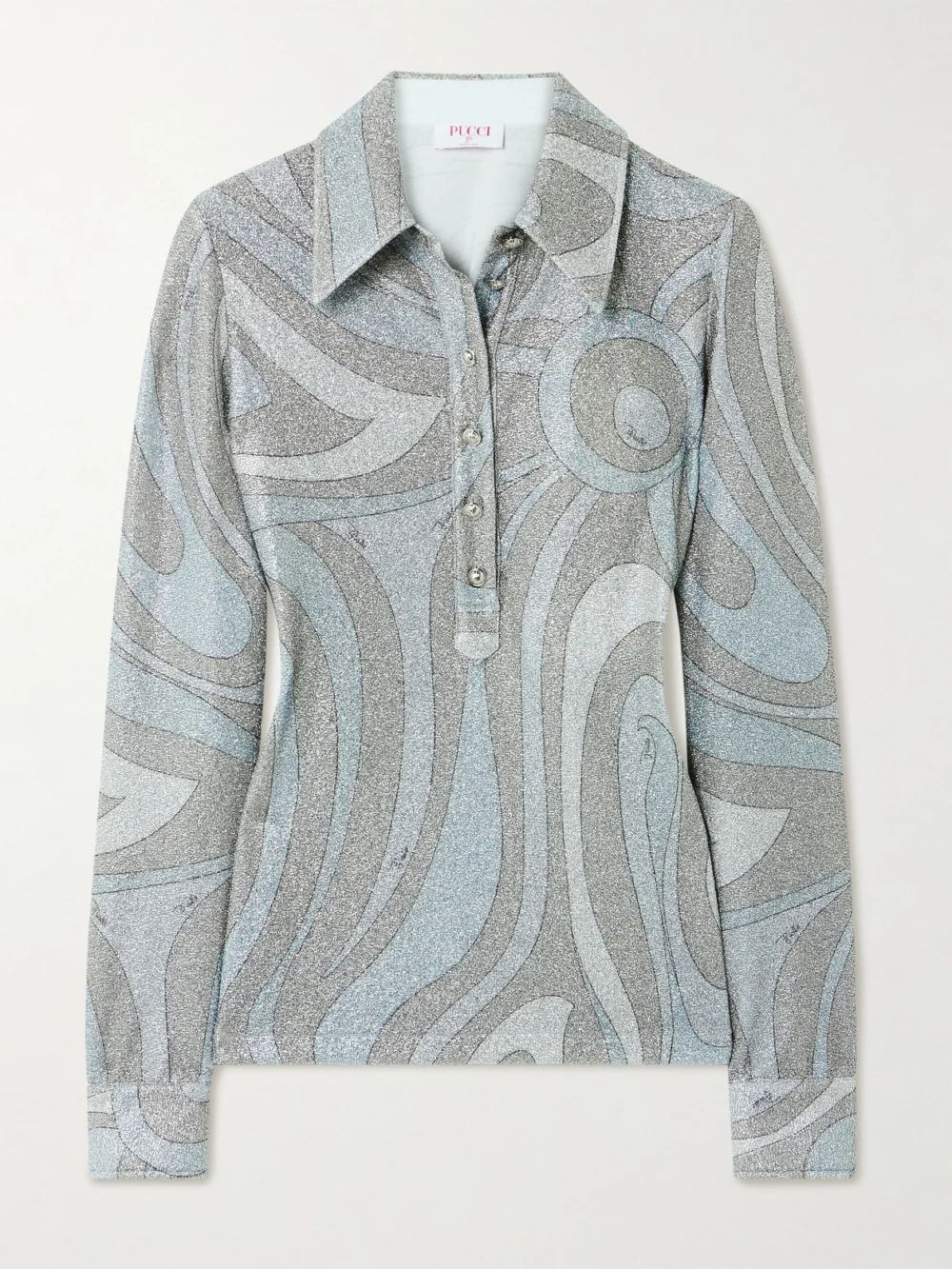 Pucci Printed Metallic Jersey Polo Shirt in silver