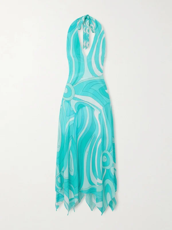 Pucci Printed Silk Twill-trimmed Crepe-jersey Halterneck Midi Dress