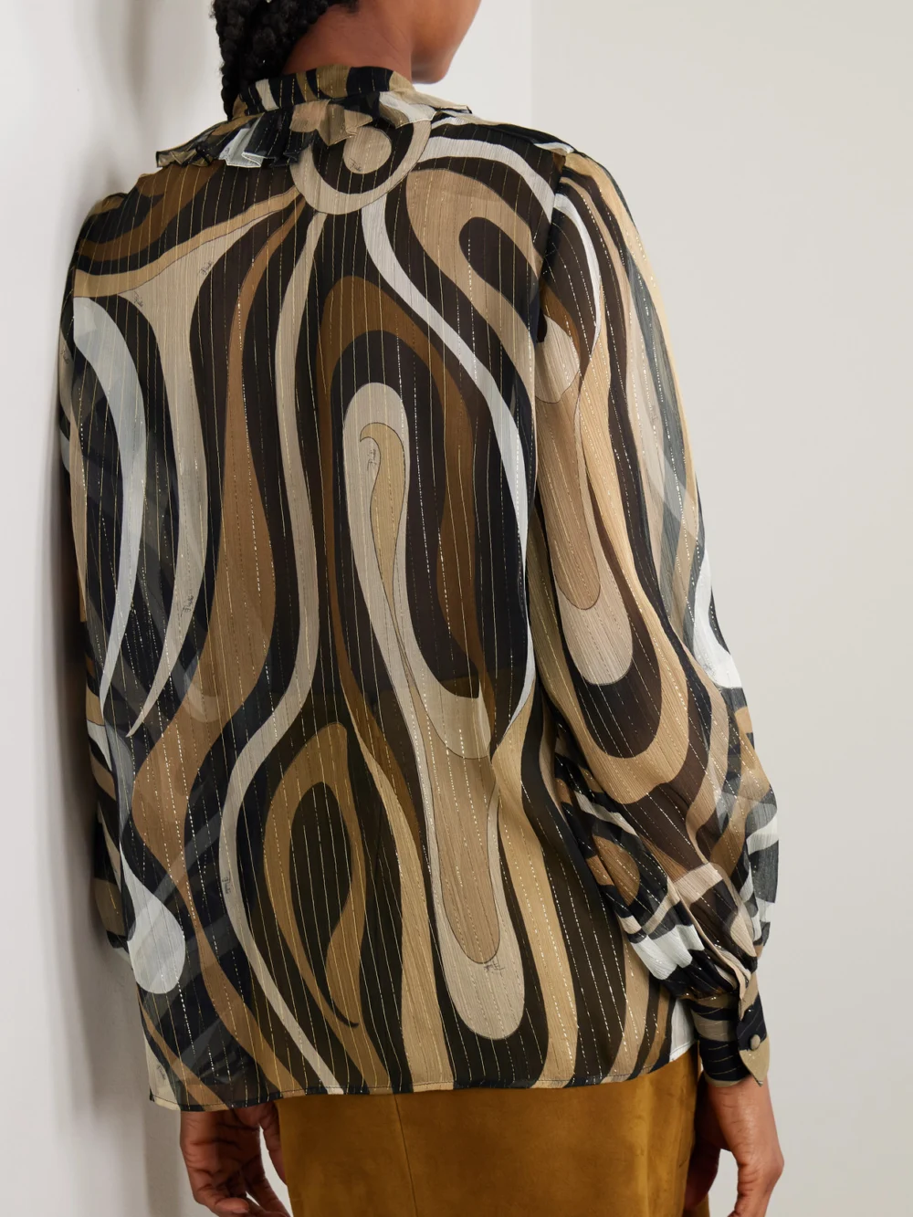 Back view of the Pucci Ruffled Metallic Silk-blend Crepon Pussy-bow Blouse