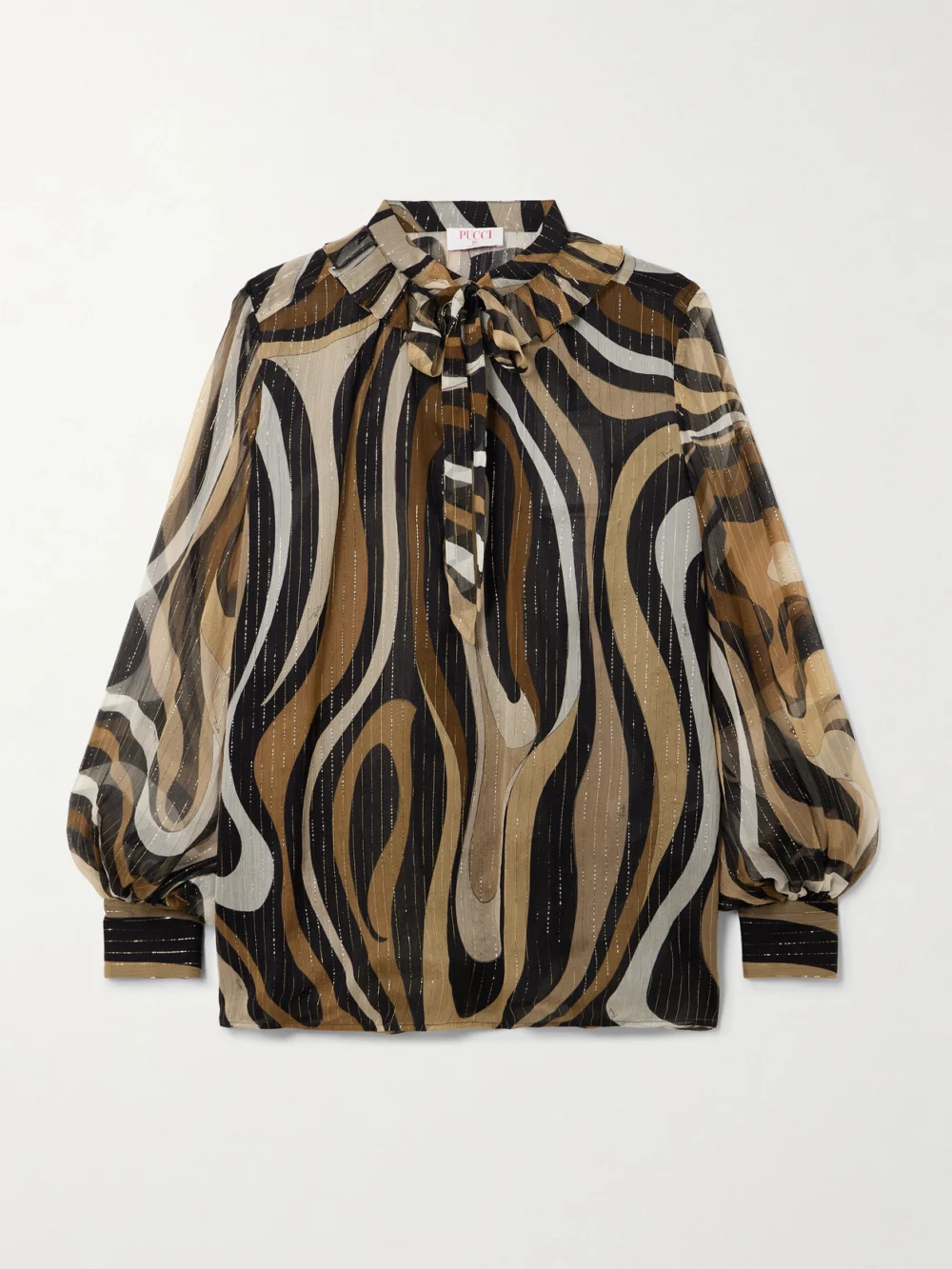 Pucci Ruffled Metallic Silk-blend Crepon Pussy-bow Blouse in gold