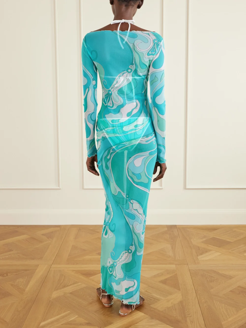 Back view of the Pucci Ruffled Printed Tulle Maxi Dress