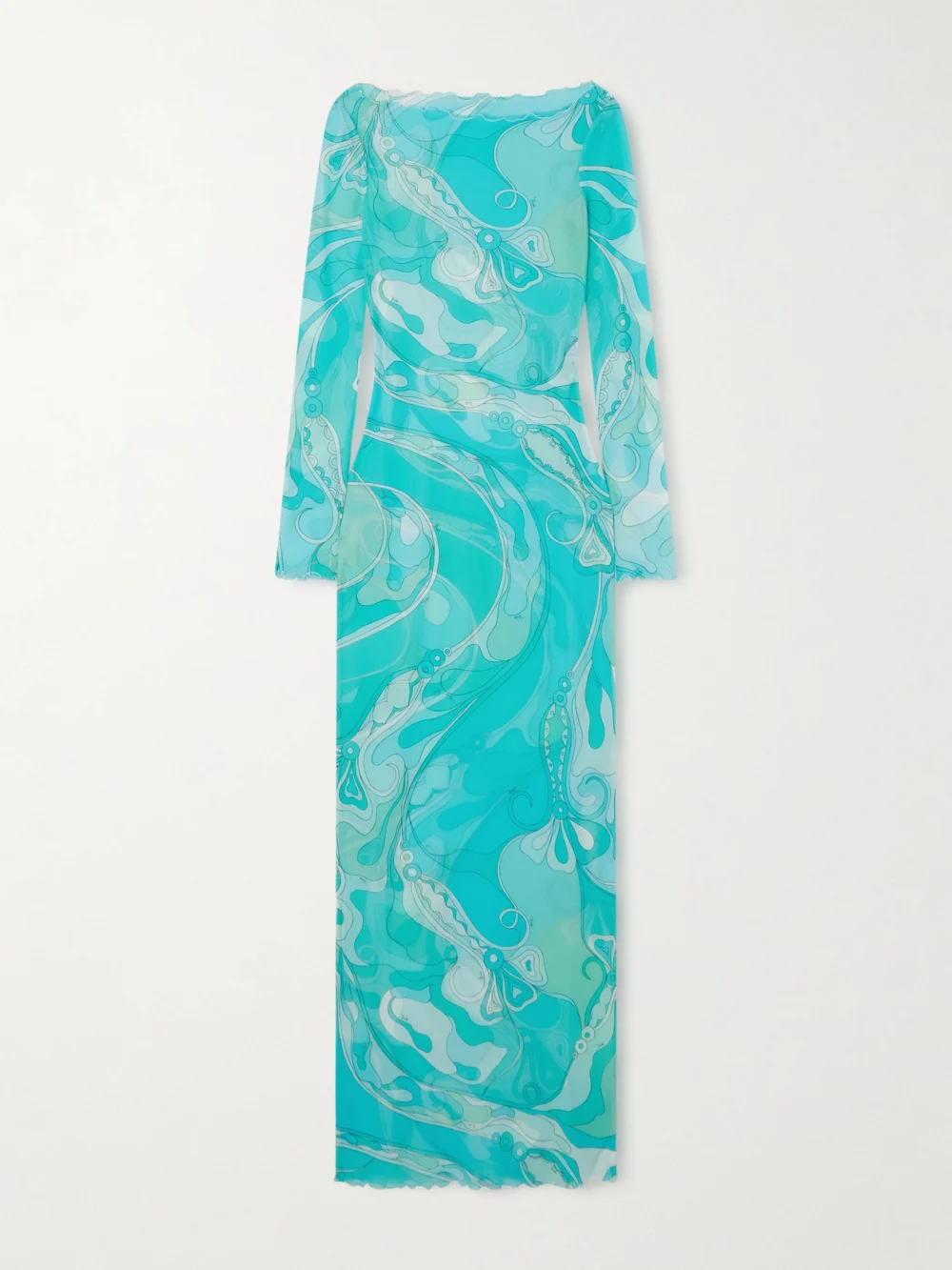 Pucci Ruffled Printed Tulle Maxi Dress in turquoise