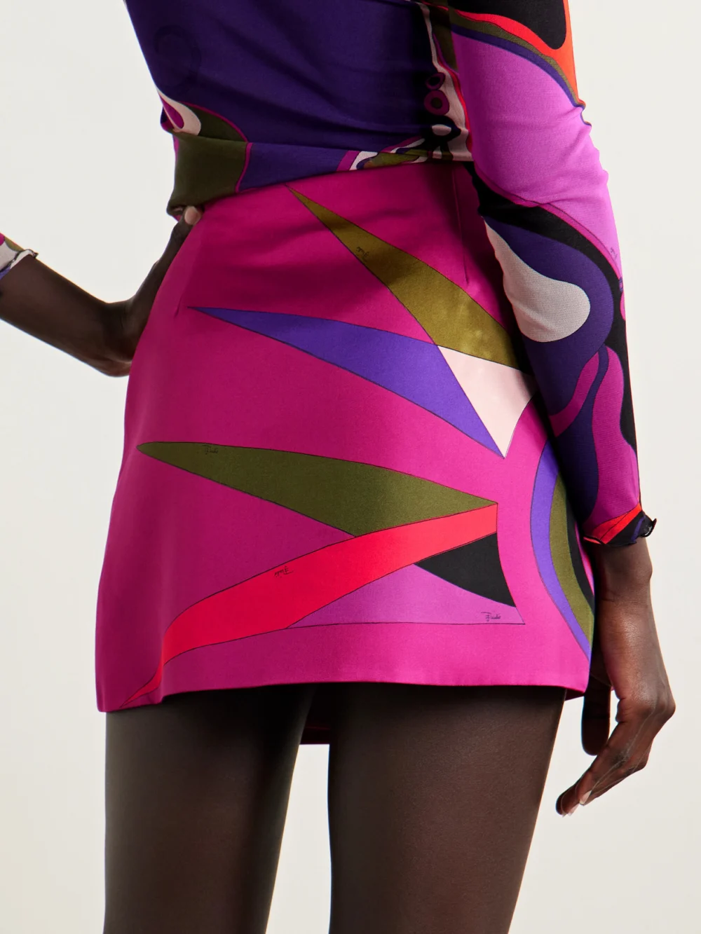 Back view of the Pucci Wrap-effect Printed Silk-twill Mini Skirt
