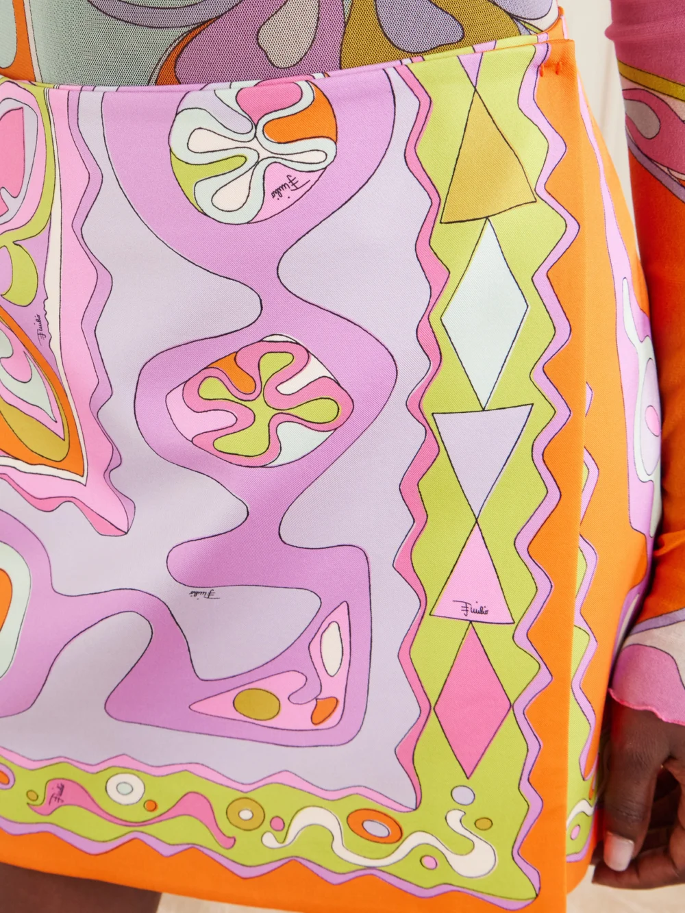 Close-up detail of the Pucci Wrap-effect Printed Silk-twill Mini Skirt