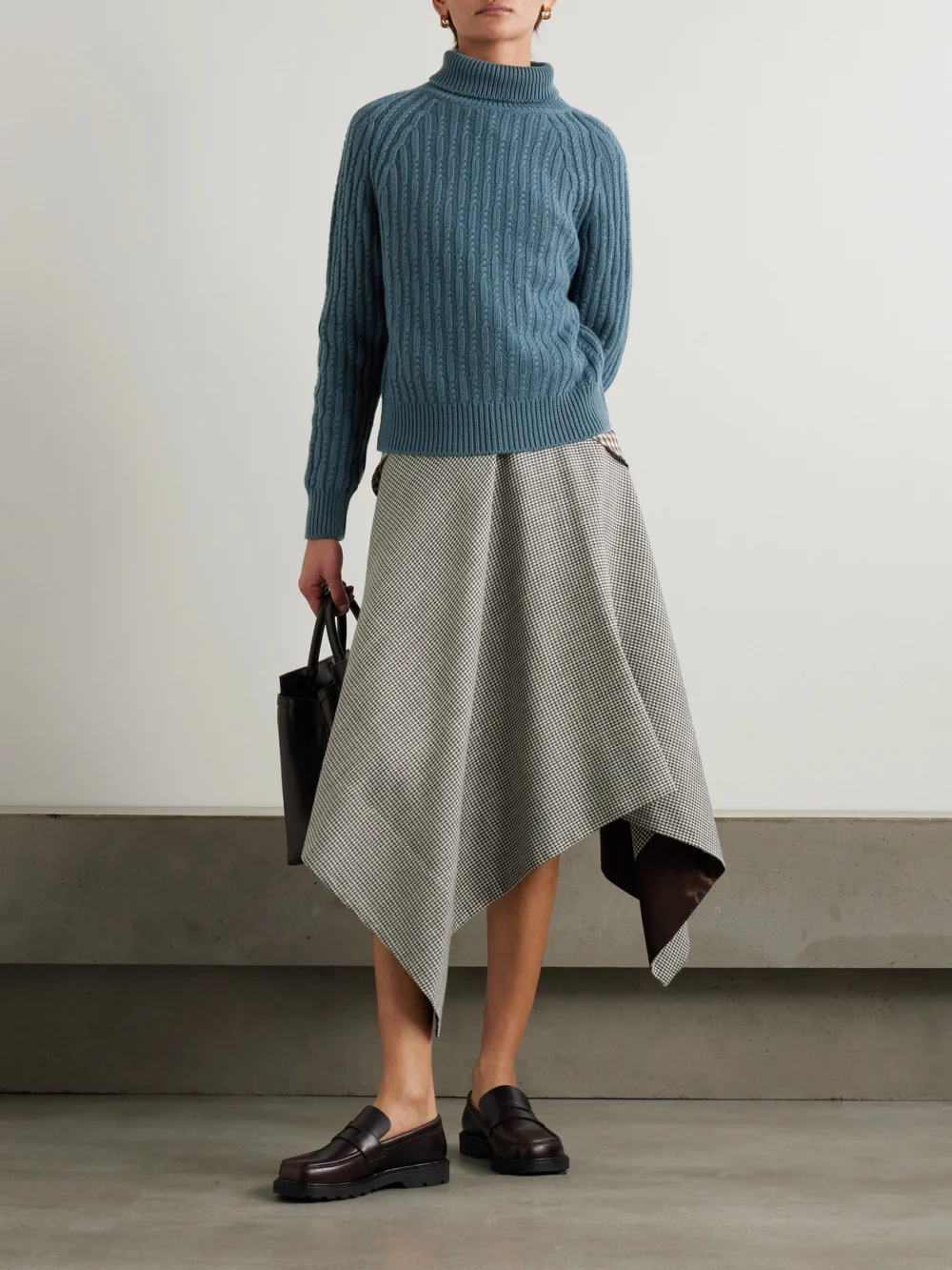 Purdey Annabel Cable-knit Cashmere Turtleneck Sweater, worn by a model