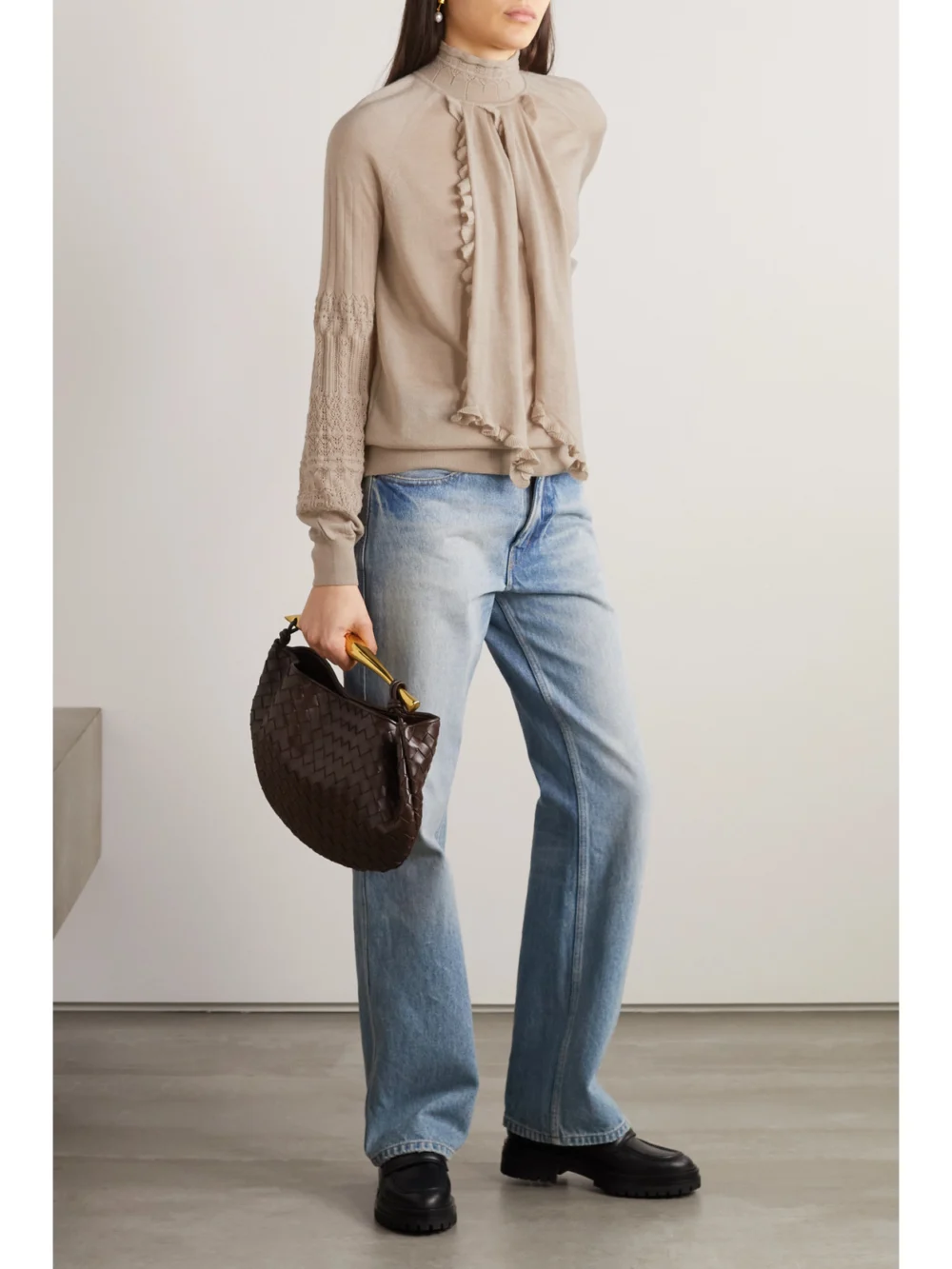 Purdey Draped Pointelle-knit Cashmere Sweater, worn by a model