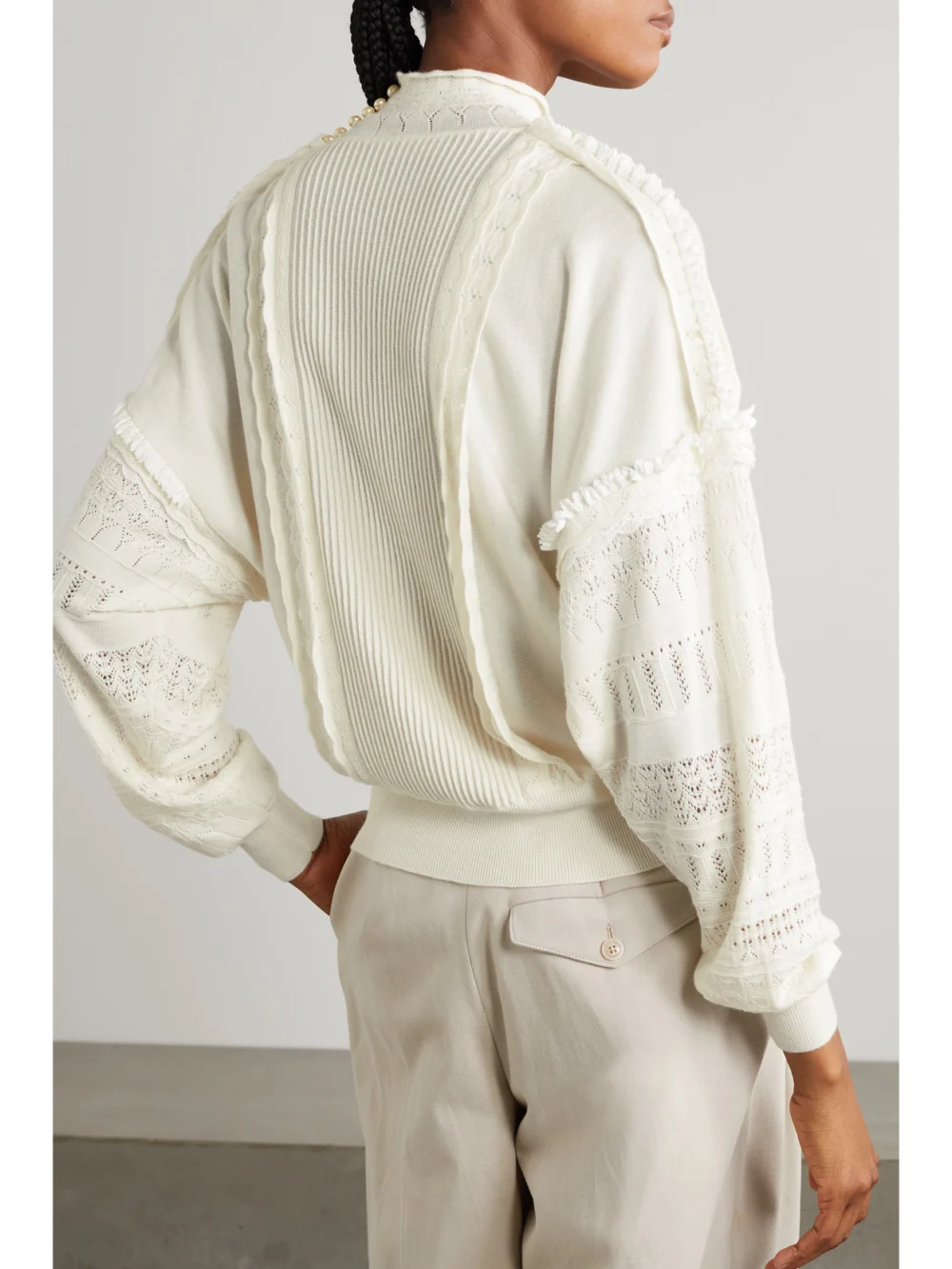 Back view of the Purdey Embellished Lace-trimmed Pointelle-knit Cashmere Sweater