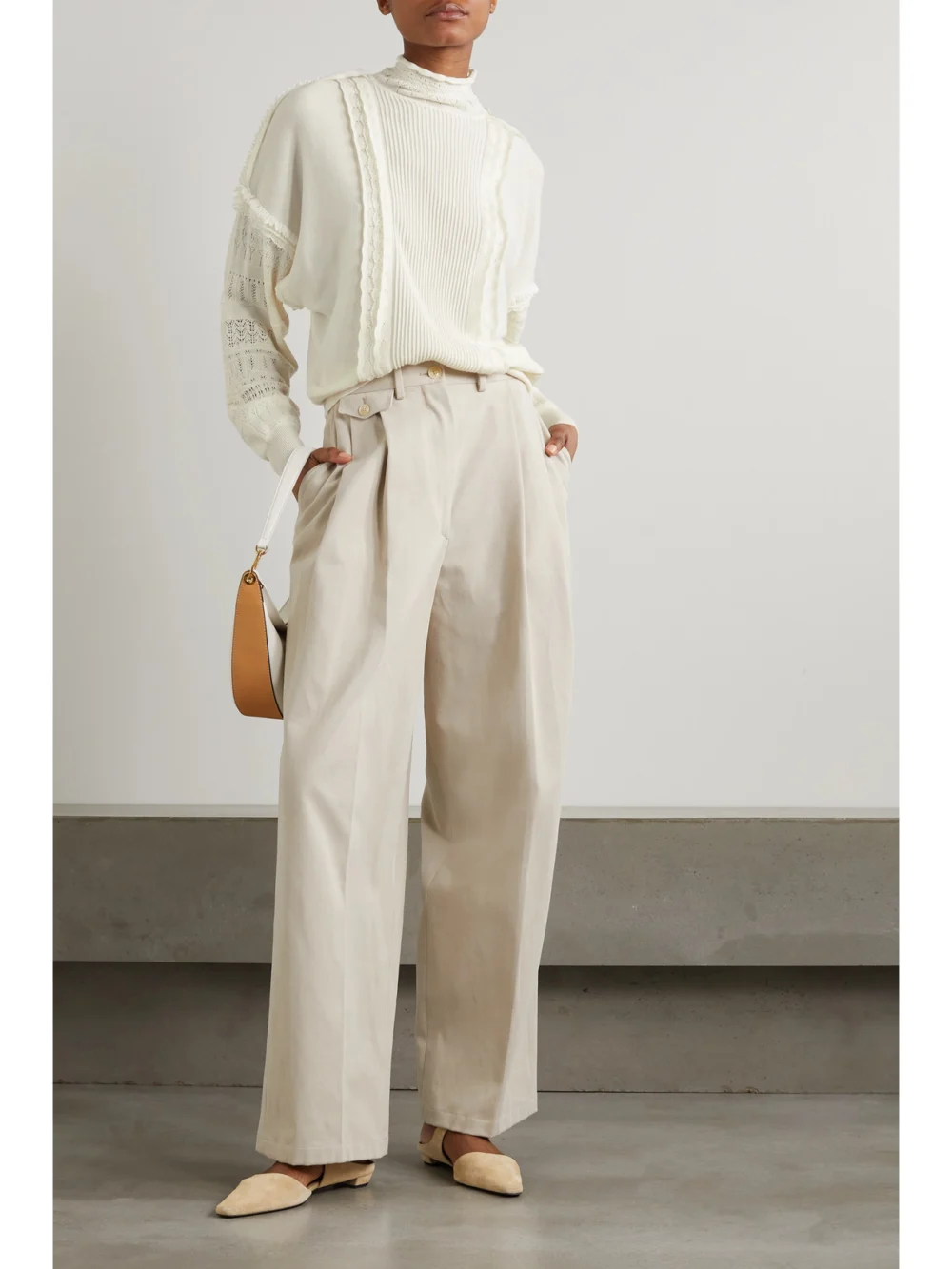 Purdey Embellished Lace-trimmed Pointelle-knit Cashmere Sweater, worn by a model