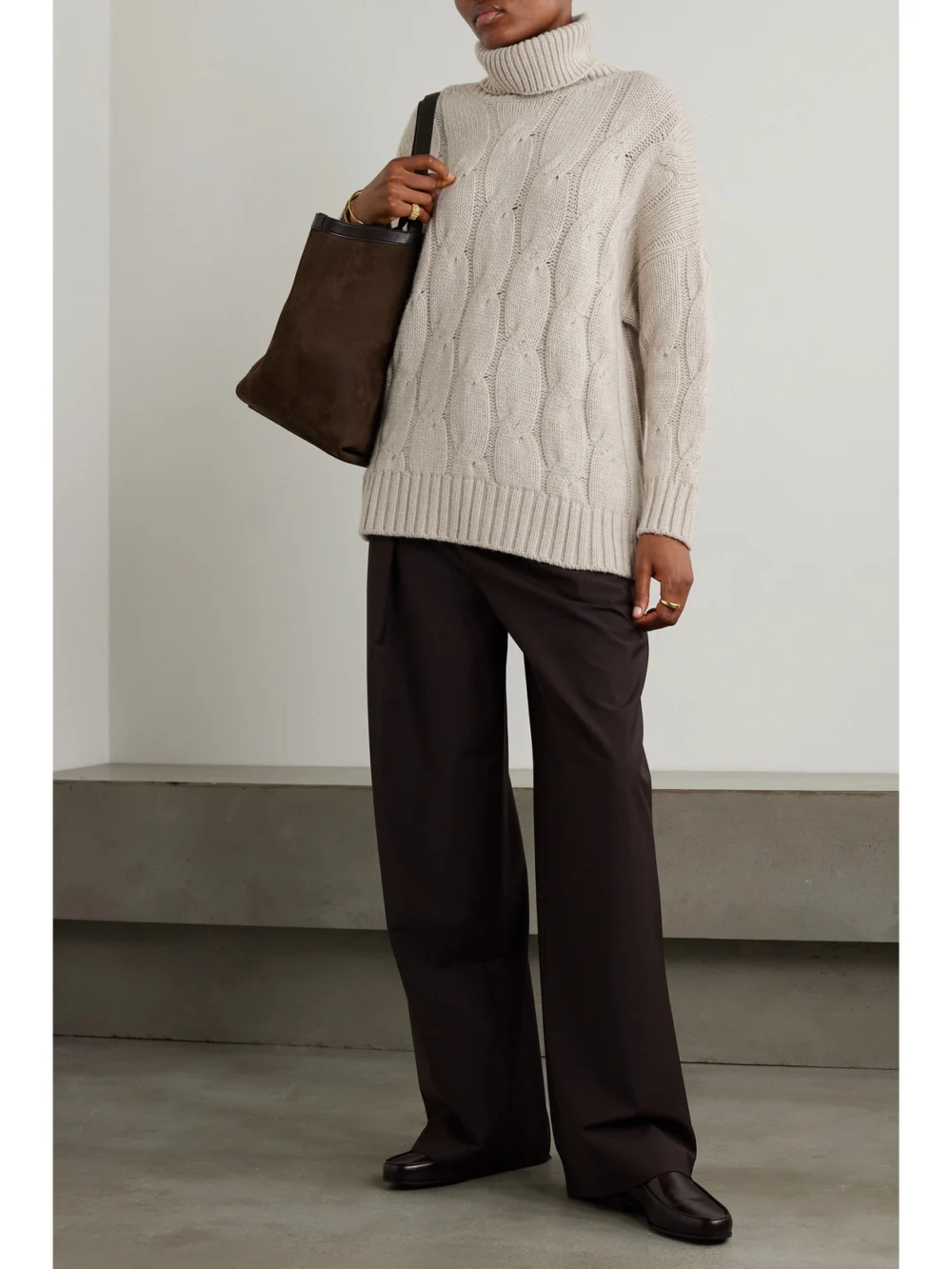 Purdey Oversized Cable-knit Cashmere Turtleneck Sweater, worn by a model