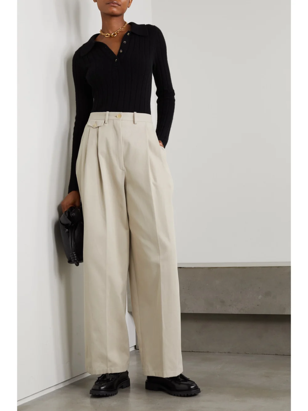 Purdey Pleated Cotton-twill Wide-leg Pants, worn by a model