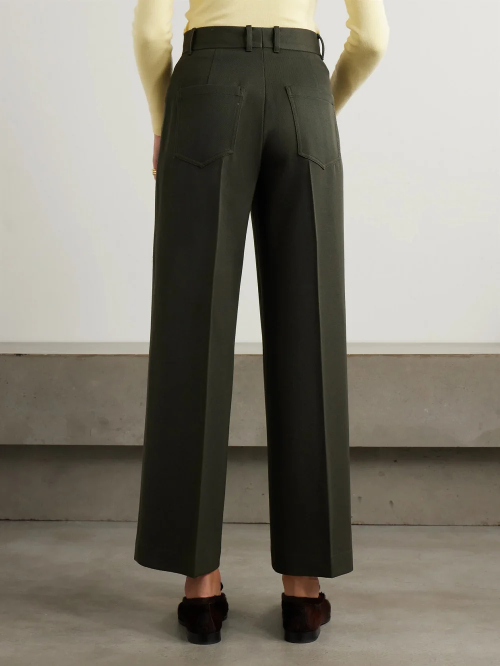 Back view of the Purdey Seymour Pleated Wool-twill Wide-leg Pants