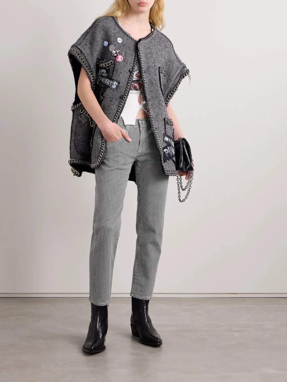R13 Boy Cropped Houndstooth Low-rise Slim-leg Jeans, worn by a model