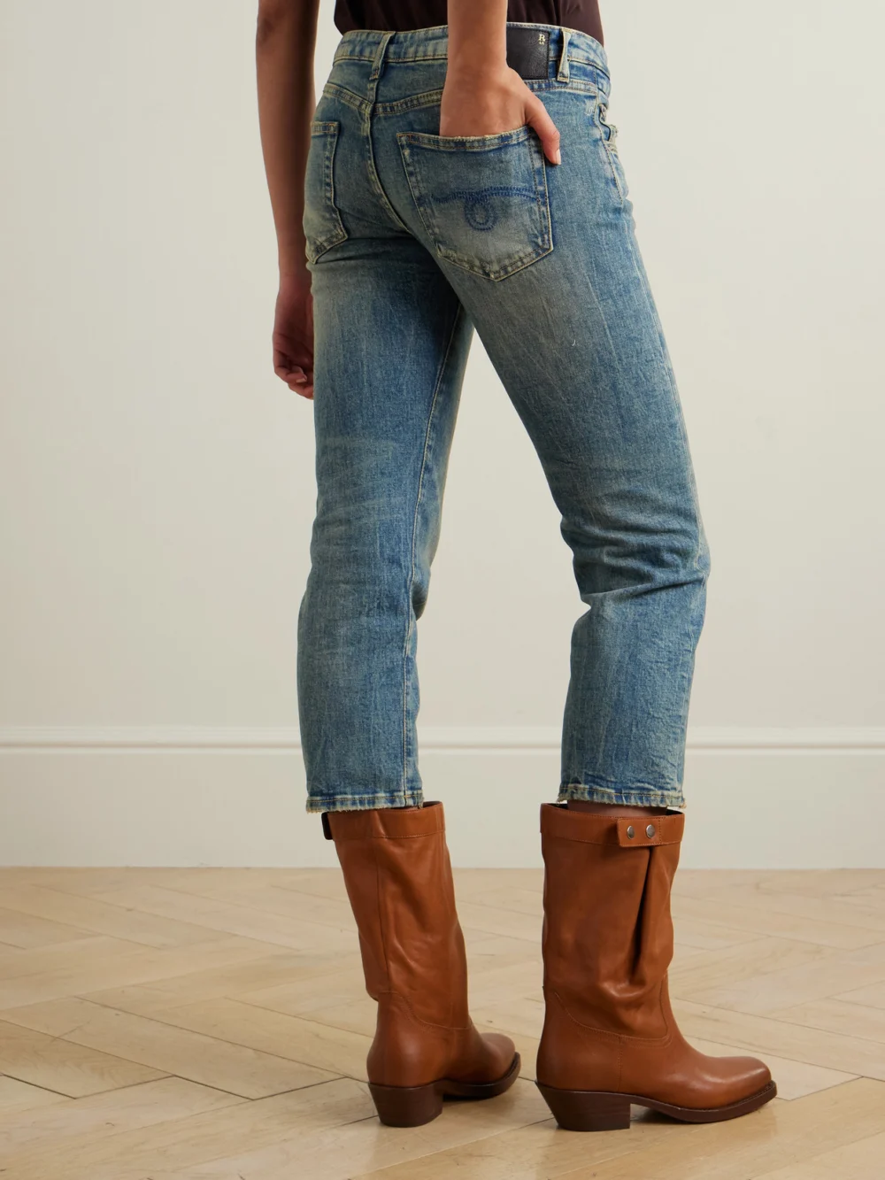 Back view of the R13 Boy Straight Cropped Distressed Low-rise Jeans