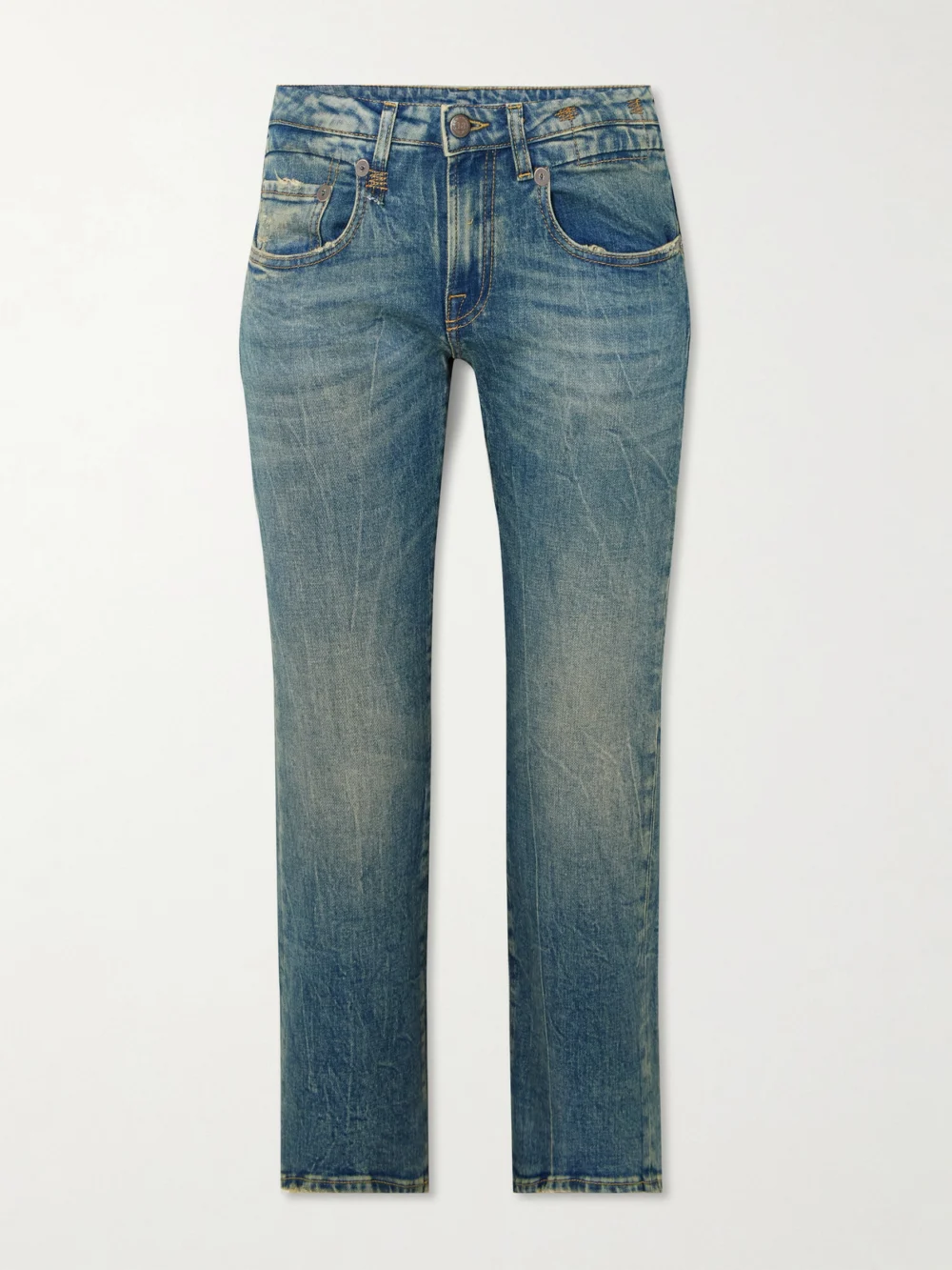 R13 Boy Straight Cropped Distressed Low-rise Jeans in light denim