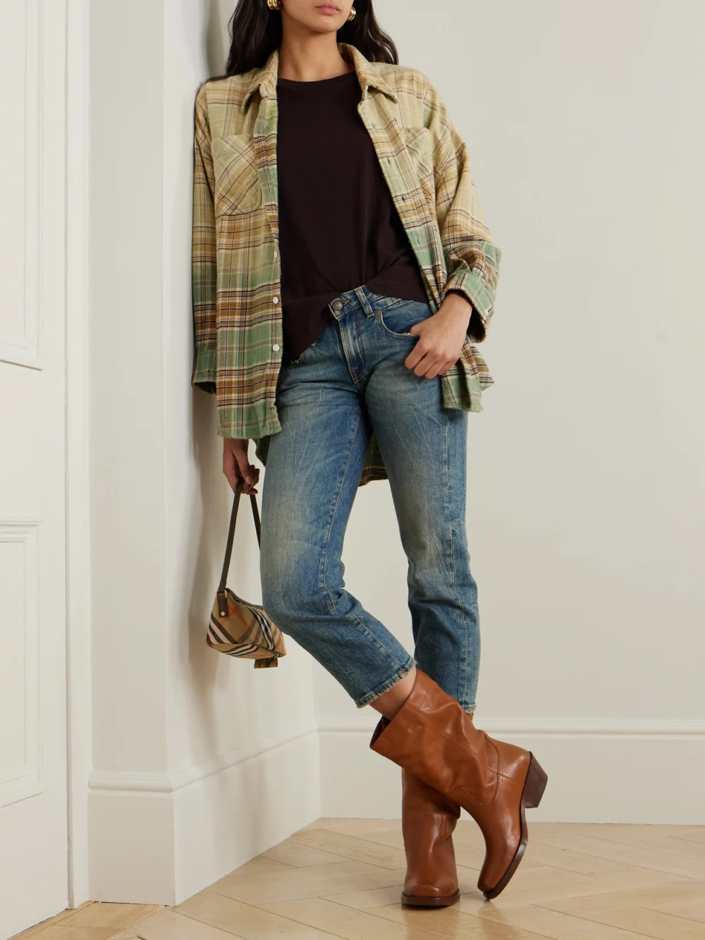 R13 Boy Straight Cropped Distressed Low-rise Jeans, worn by a model