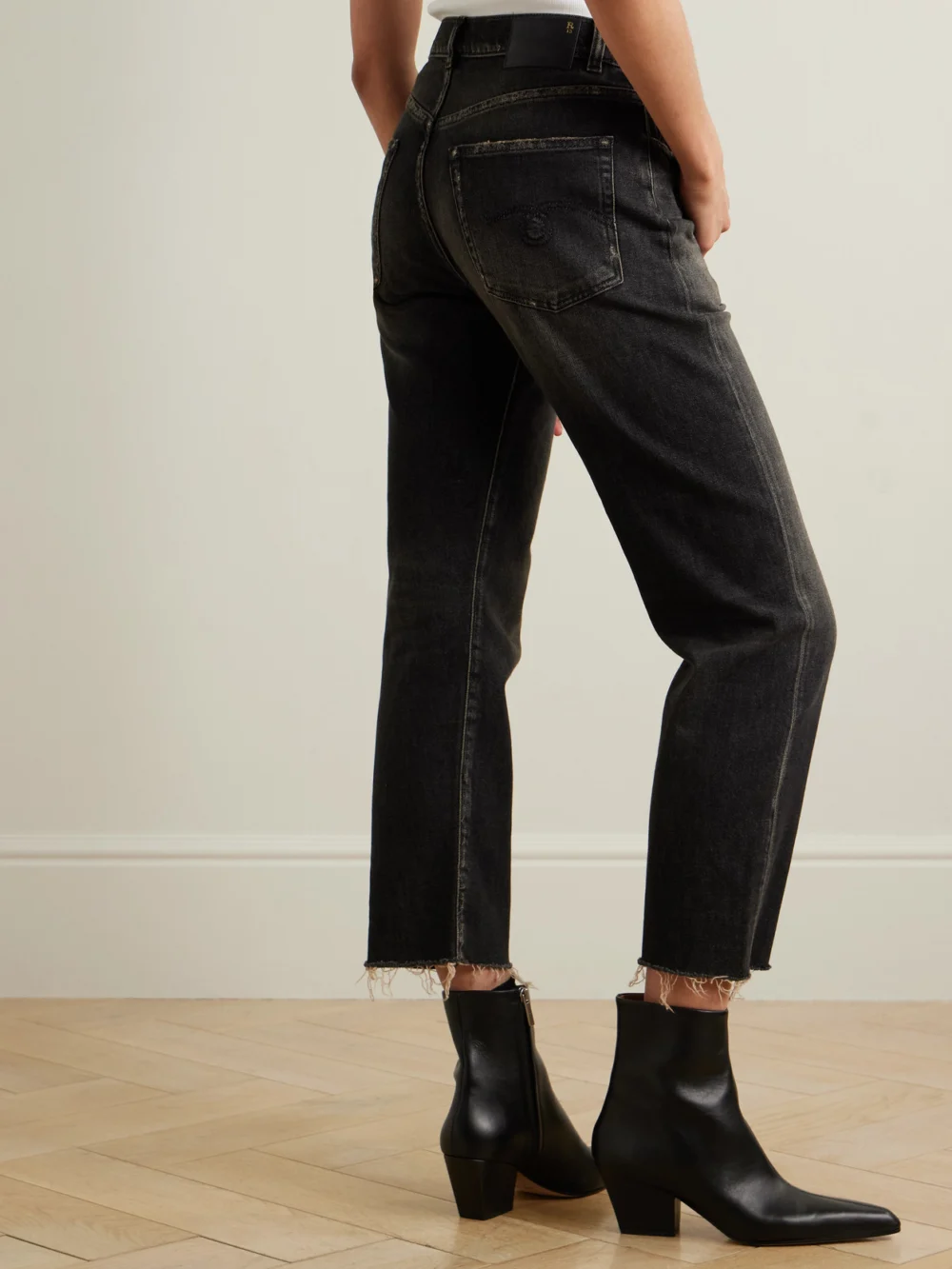Back view of the R13 Boyfriend Cropped Distressed High-rise Straight-leg Jeans