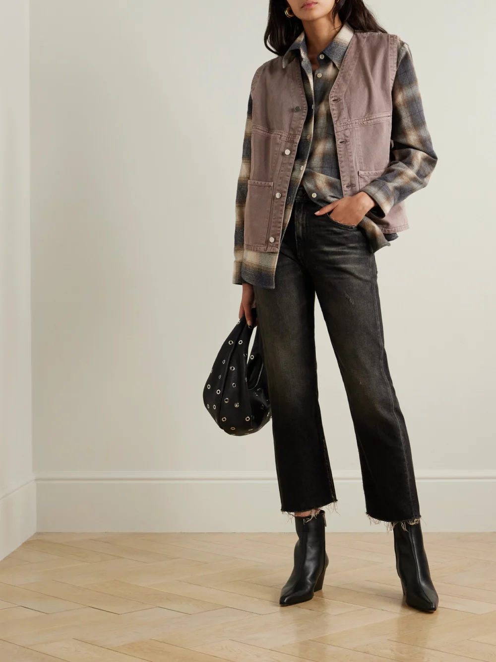 R13 Boyfriend Cropped Distressed High-rise Straight-leg Jeans, worn by a model