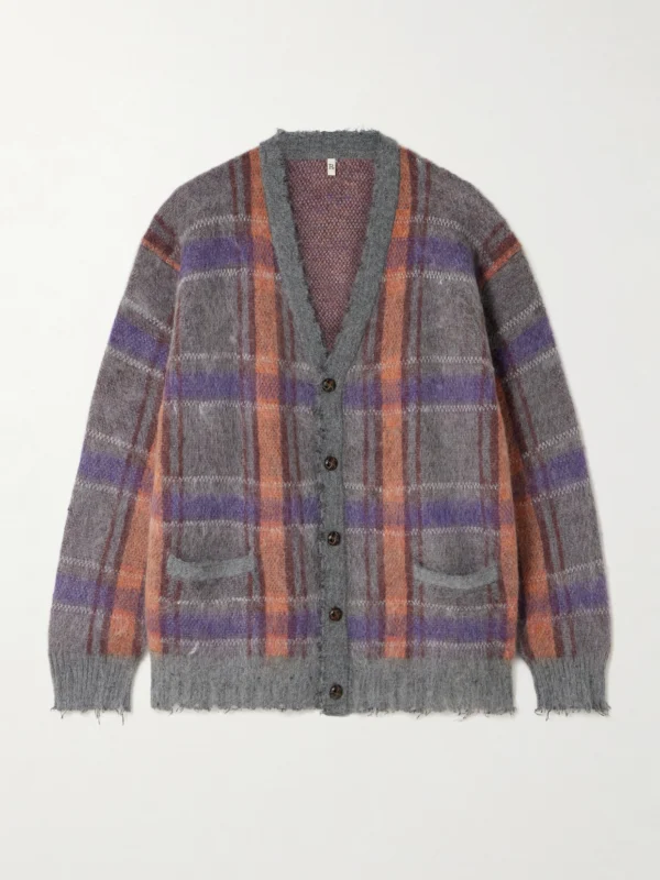 R13 Checked Frayed Brushed-knit Cardigan