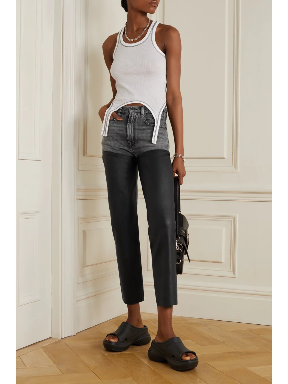 R13 Courtney Chaps Leather-trimmed High-rise Slim-fit Jeans, worn by a model