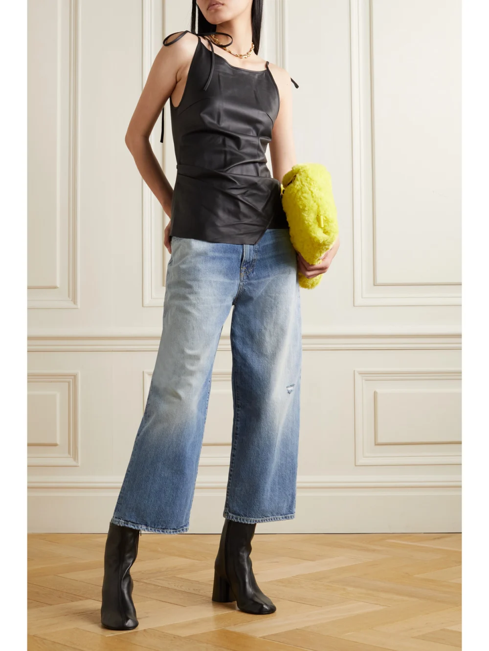 R13 Cropped Ankle D'arcy Distressed High-rise Wide-leg Jeans, worn by a model