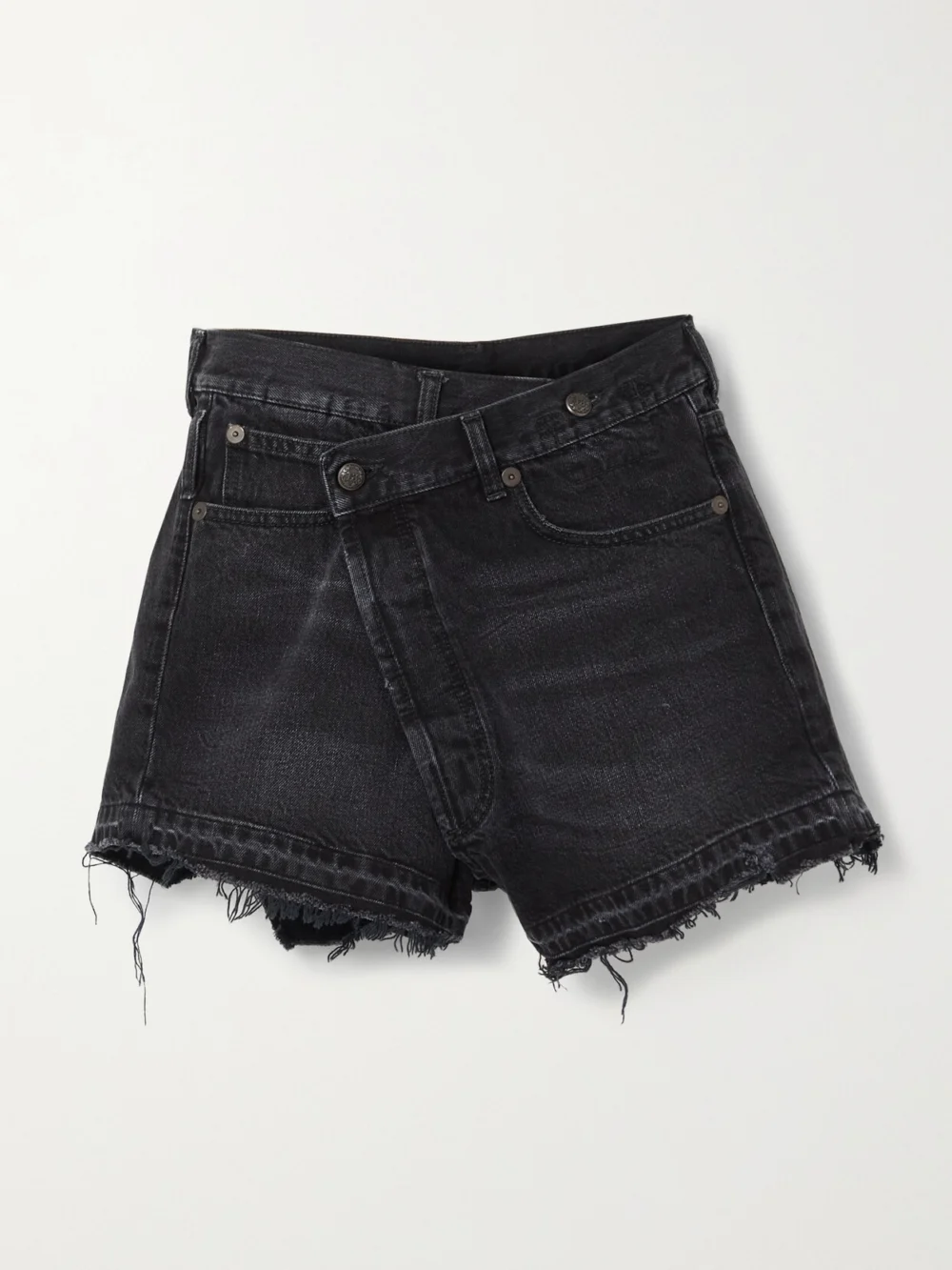 R13 Crossover Asymmetric Distressed Denim Shorts in black