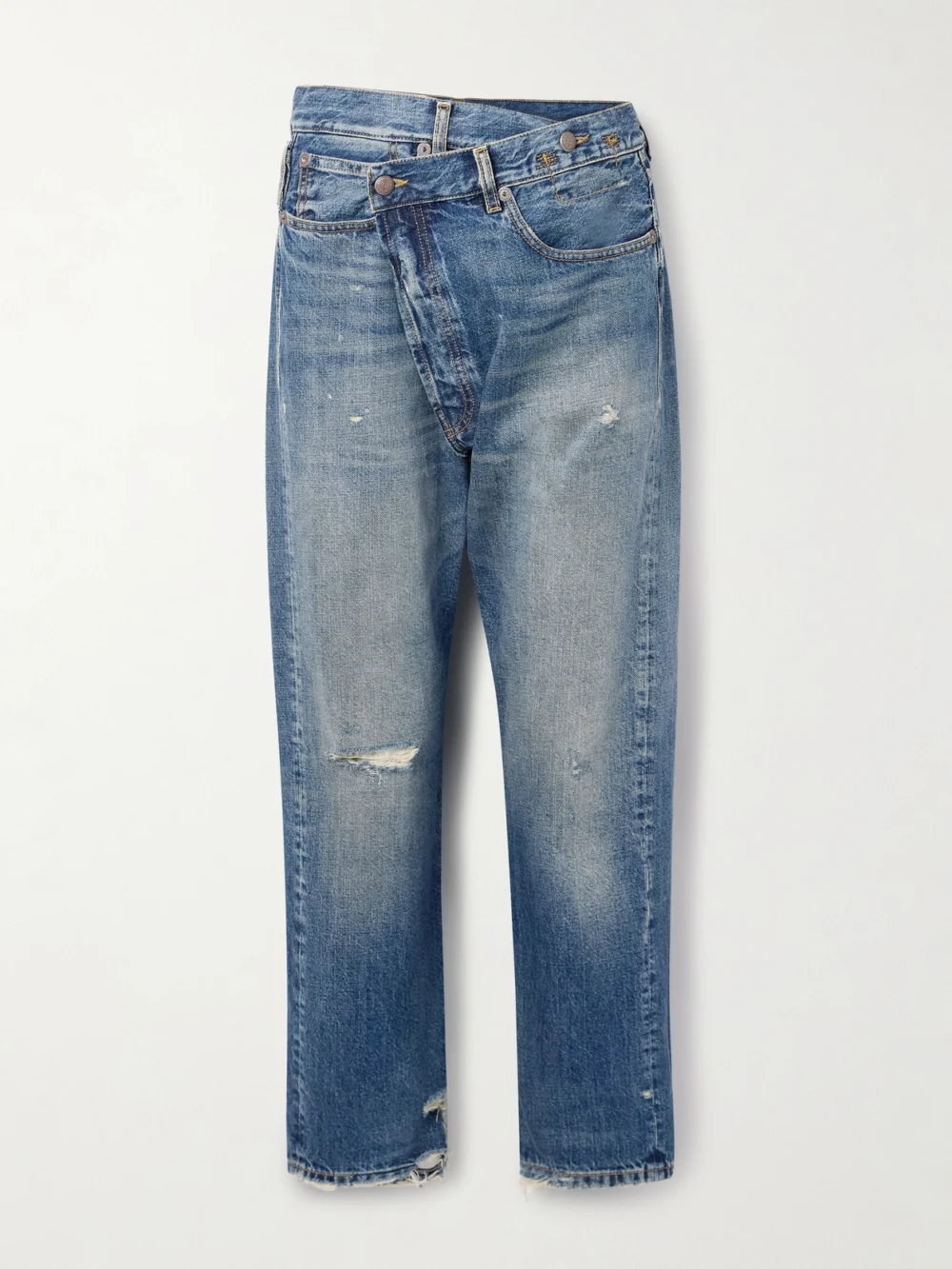 R13 Crossover Asymmetric Distressed Low-rise Straight-leg Jeans in mid denim