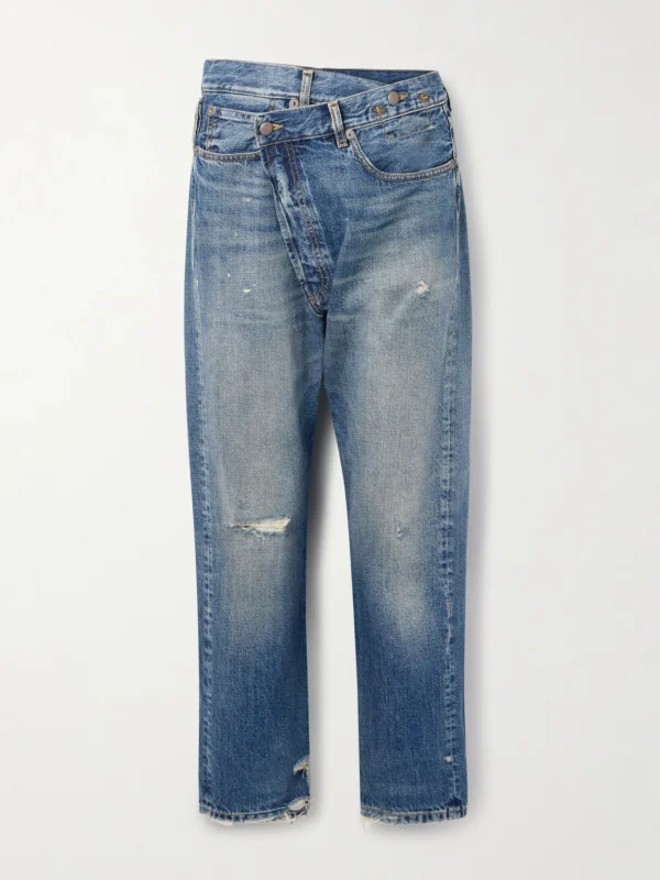 R13 Crossover Asymmetric Distressed Low-rise Straight-leg Jeans