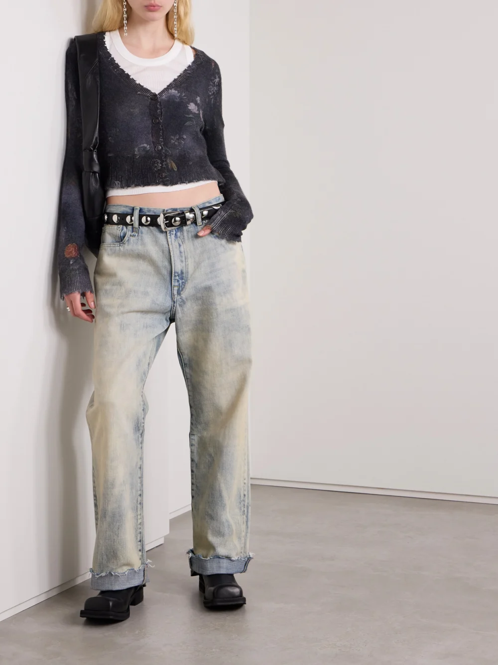 R13 Cuffed X-bf Frayed Low-rise Wide-leg Jeans, worn by a model