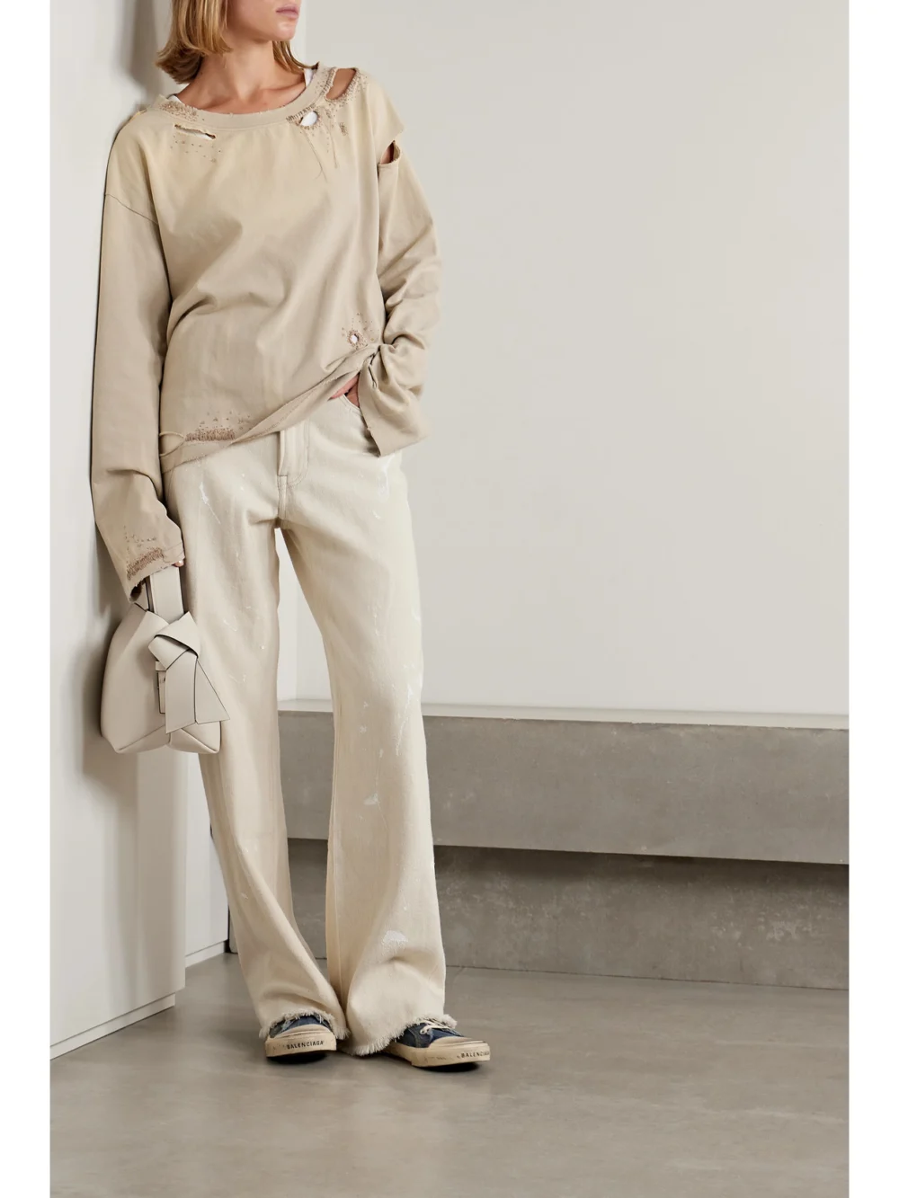 R13 D'arcy Paint Splatter Loose High-rise Wide-leg Jeans, worn by a model