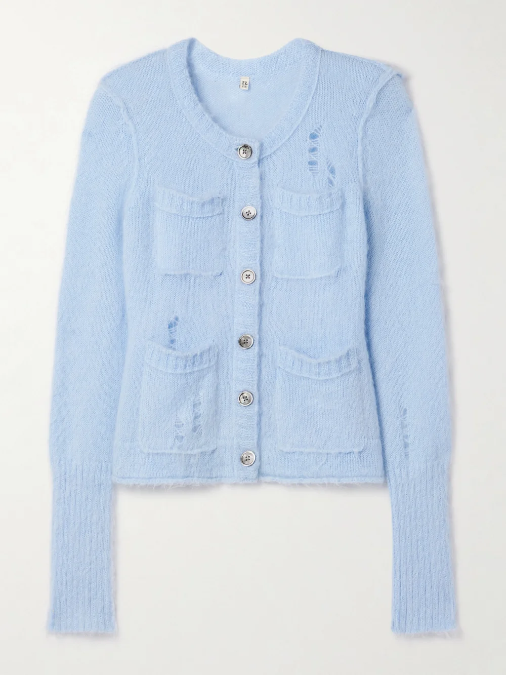 R13 Distressed Knitted Cardigan in sky blue