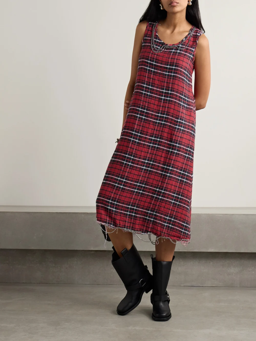 R13 Embellished Distressed Checked Brushed-linen Midi Dress, worn by a model
