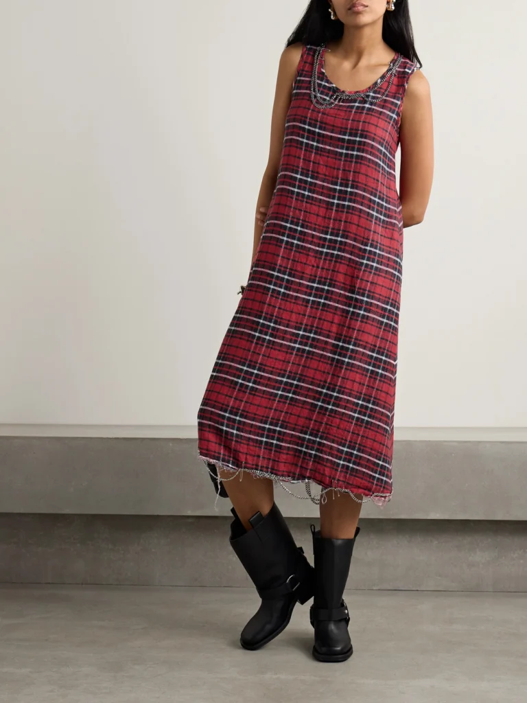 R13 Embellished Distressed Checked Brushed-linen Midi Dress