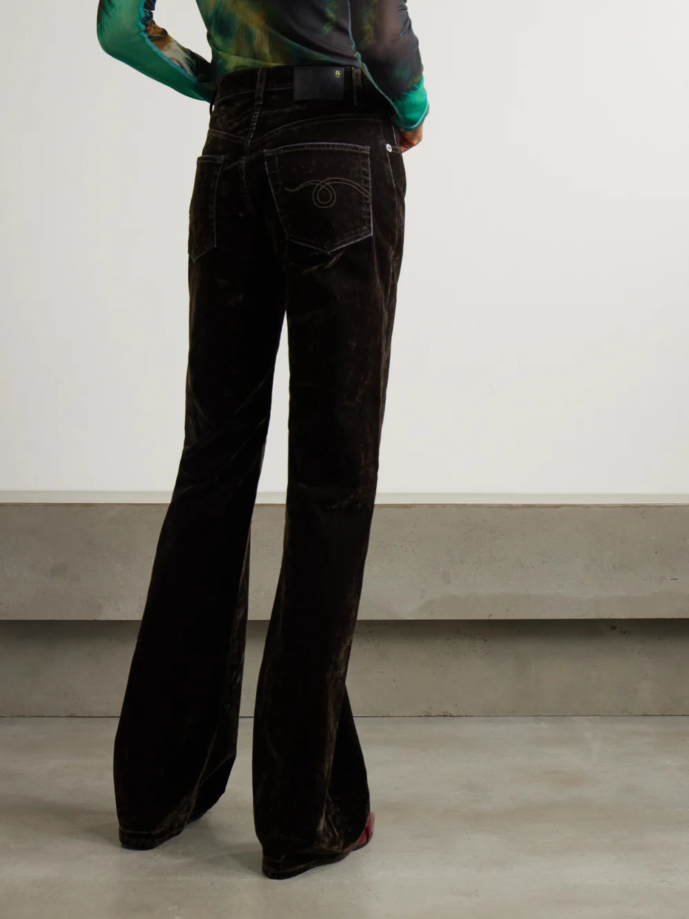 Back view of the R13 Jane Cotton-blend Velvet High-rise Flared Jeans