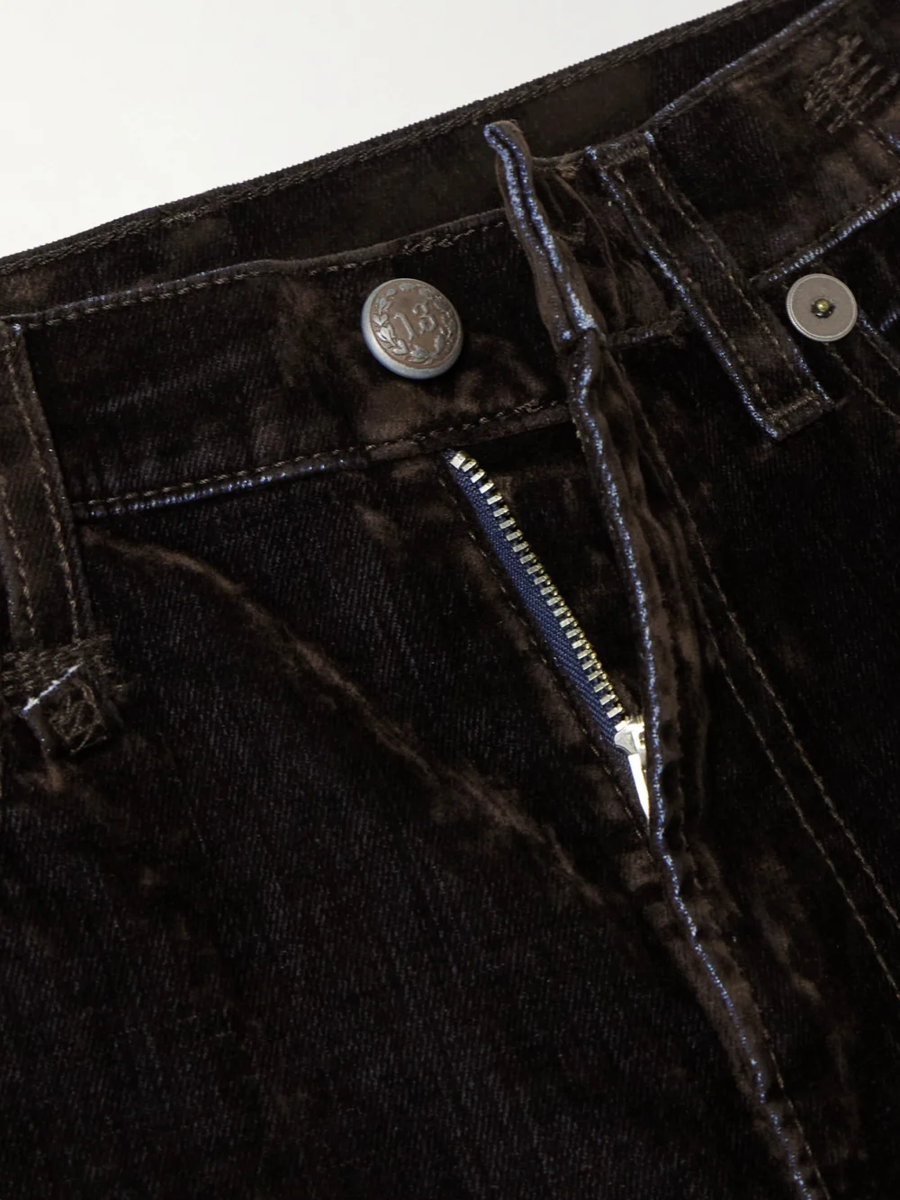 Close-up detail of the R13 Jane Cotton-blend Velvet High-rise Flared Jeans