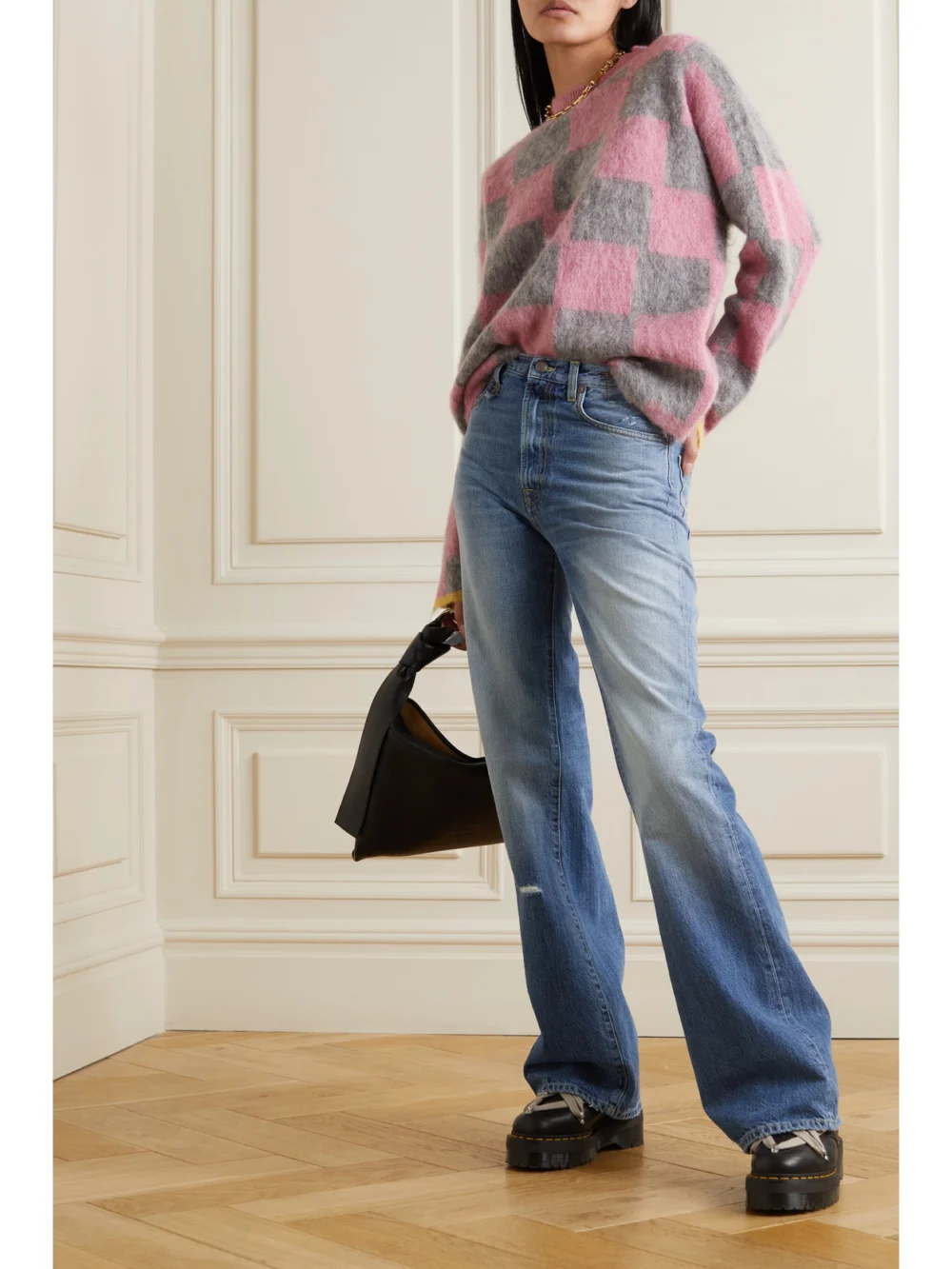 R13 Jane Distressed High-rise Straight-leg Jeans, worn by a model