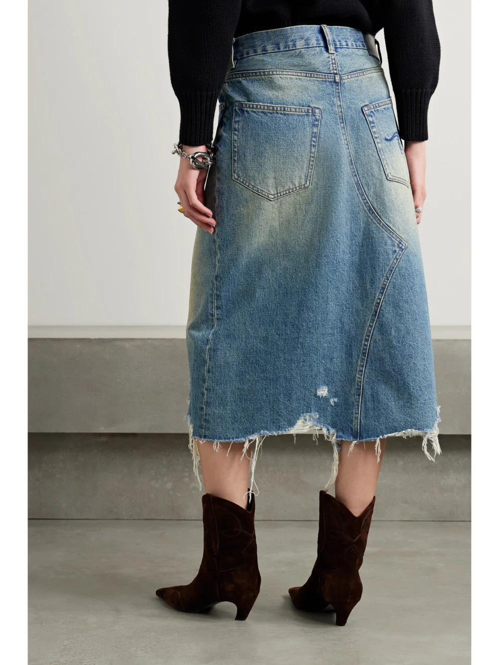 Back view of the R13 Jesse Distressed Denim Midi Skirt