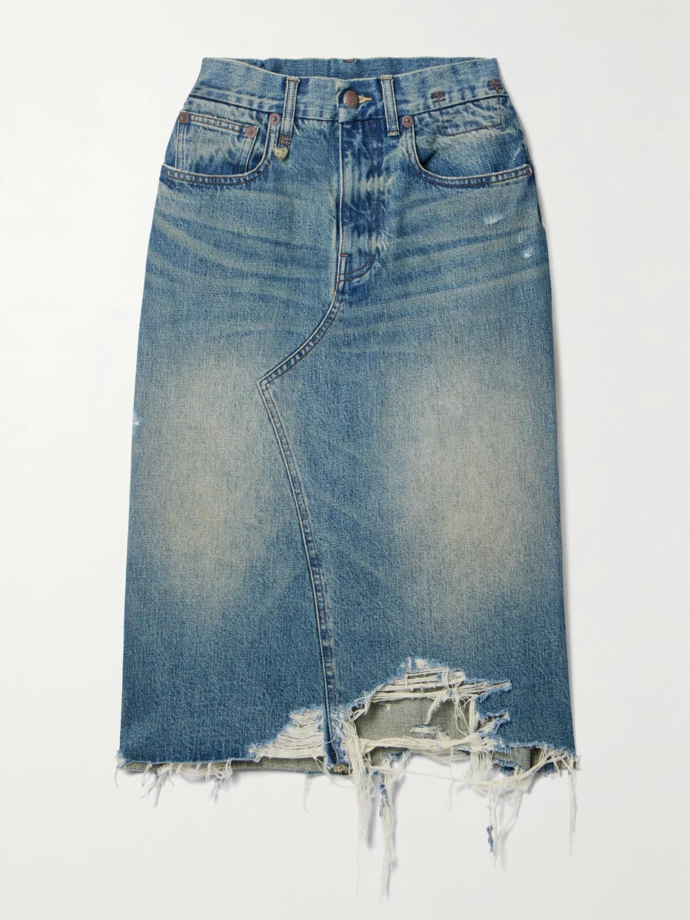 R13 Jesse Distressed Denim Midi Skirt in mid denim