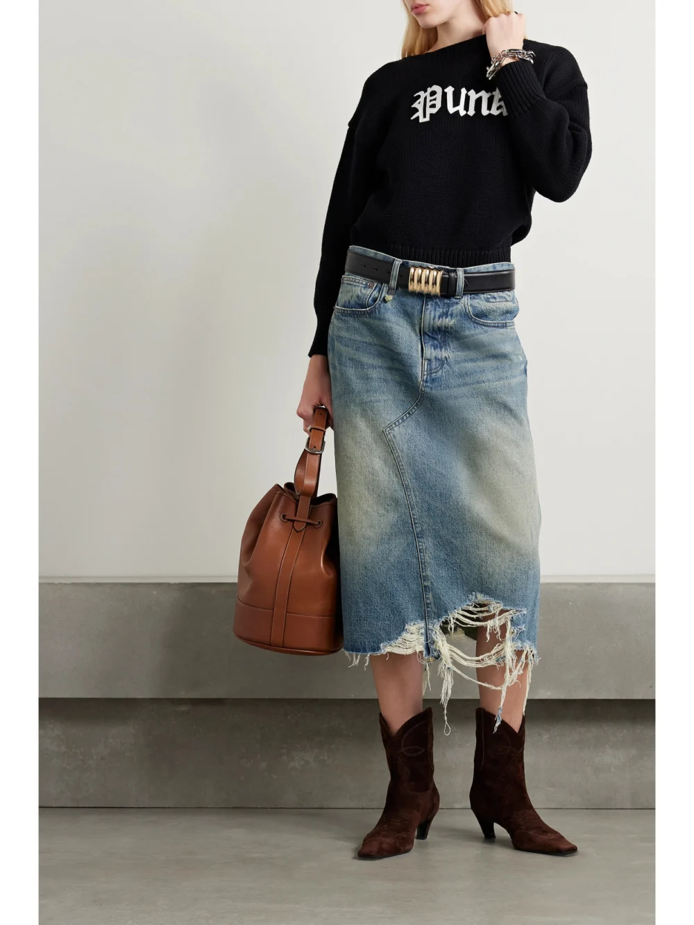 R13 Jesse Distressed Denim Midi Skirt, worn by a model