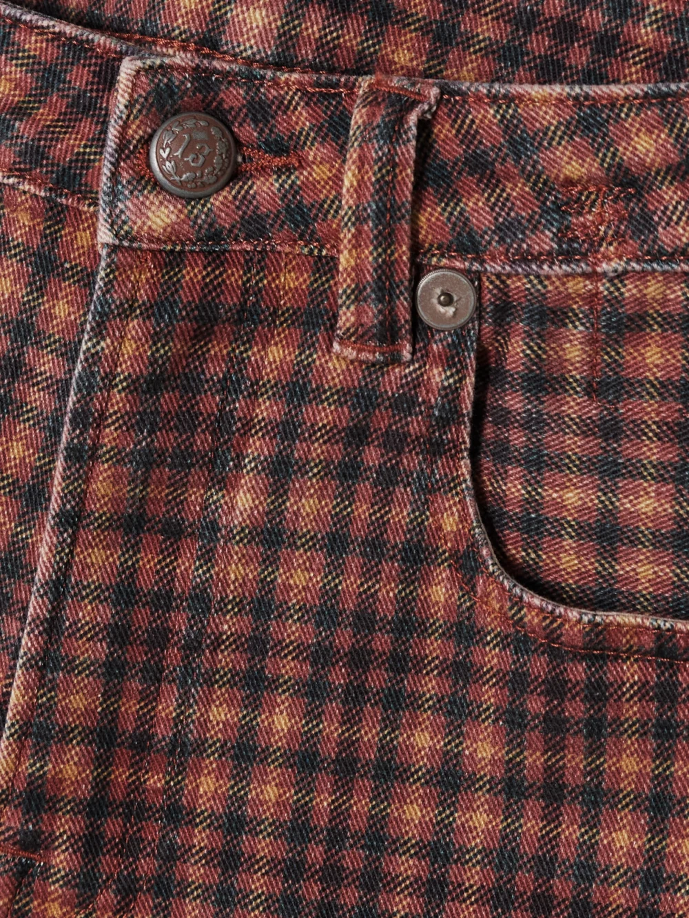 Close-up detail of the R13 Kick Fit Cropped Checked High-rise Flared Jeans