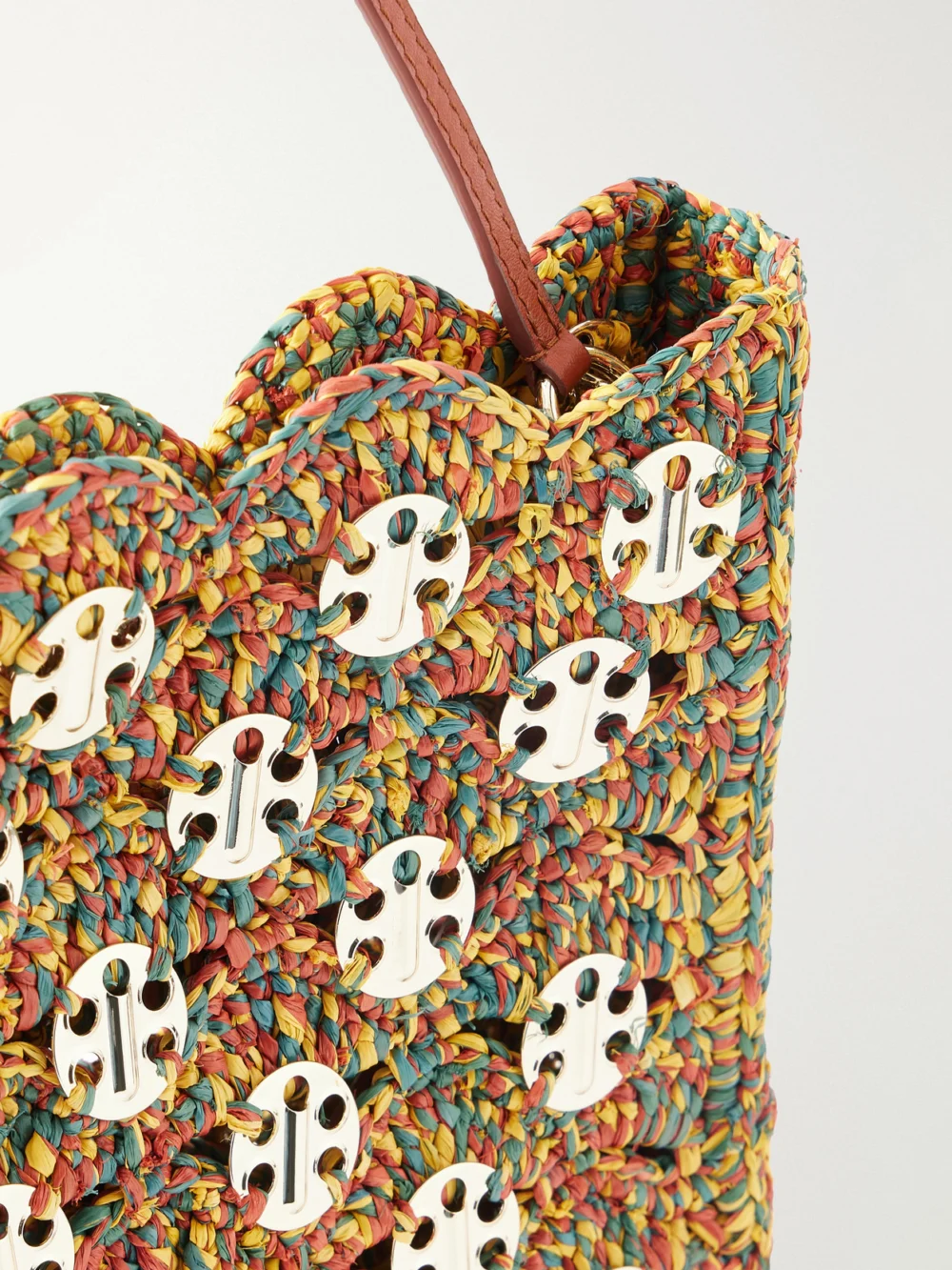 Close-up detail of the Rabanne 1969 Embellished Raffia Shoulder Bag
