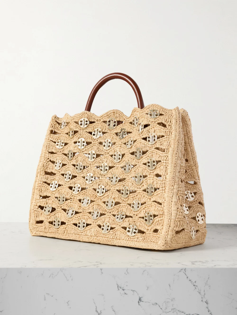 Back view of the Rabanne 1969 Leather-trimmed Chainmail-embellished Raffia Tote