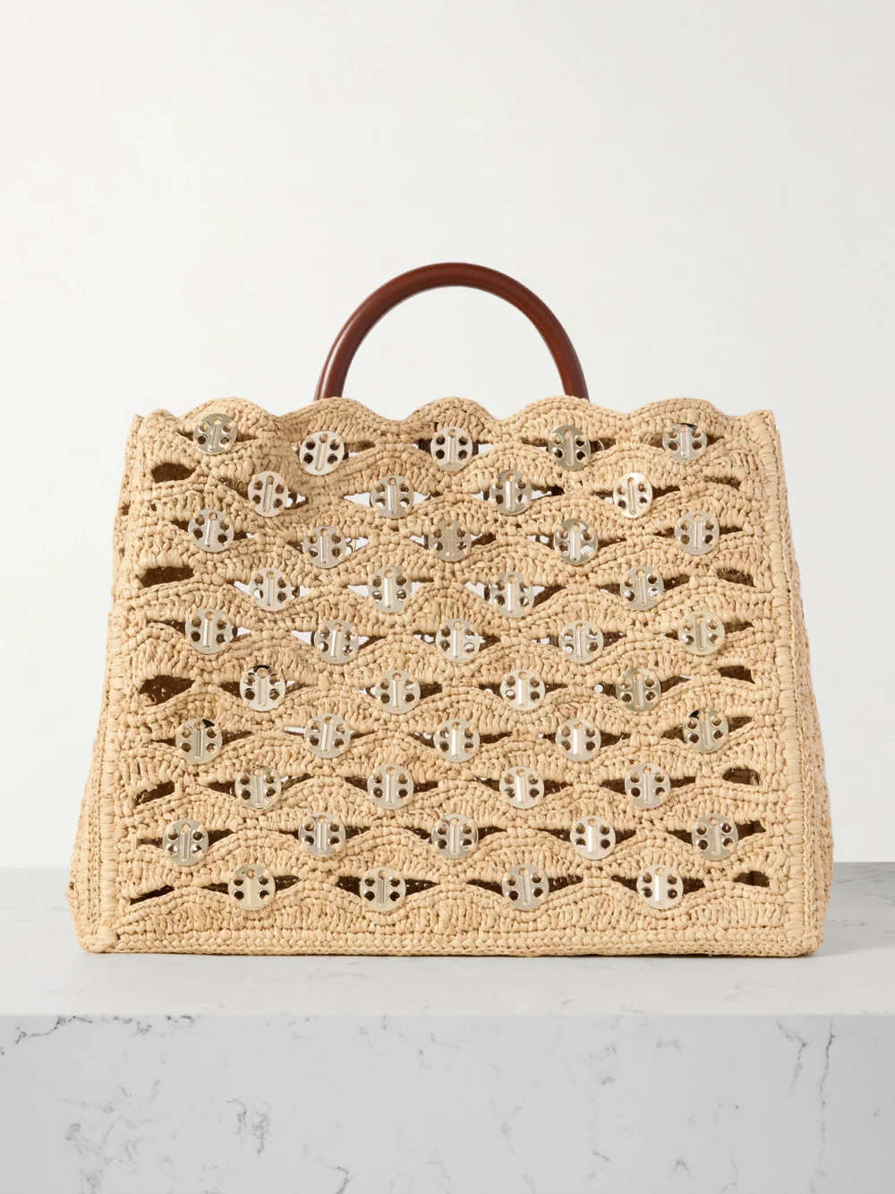 Rabanne 1969 Leather-trimmed Chainmail-embellished Raffia Tote in neutral