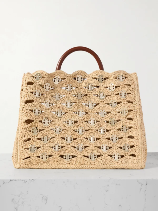 Rabanne 1969 Leather-trimmed Chainmail-embellished Raffia Tote