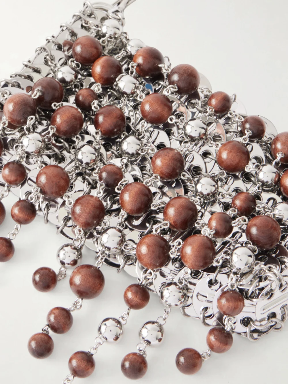 Close-up detail of the Rabanne 1969 Nano Fringed Beaded Chainmail Shoulder Bag